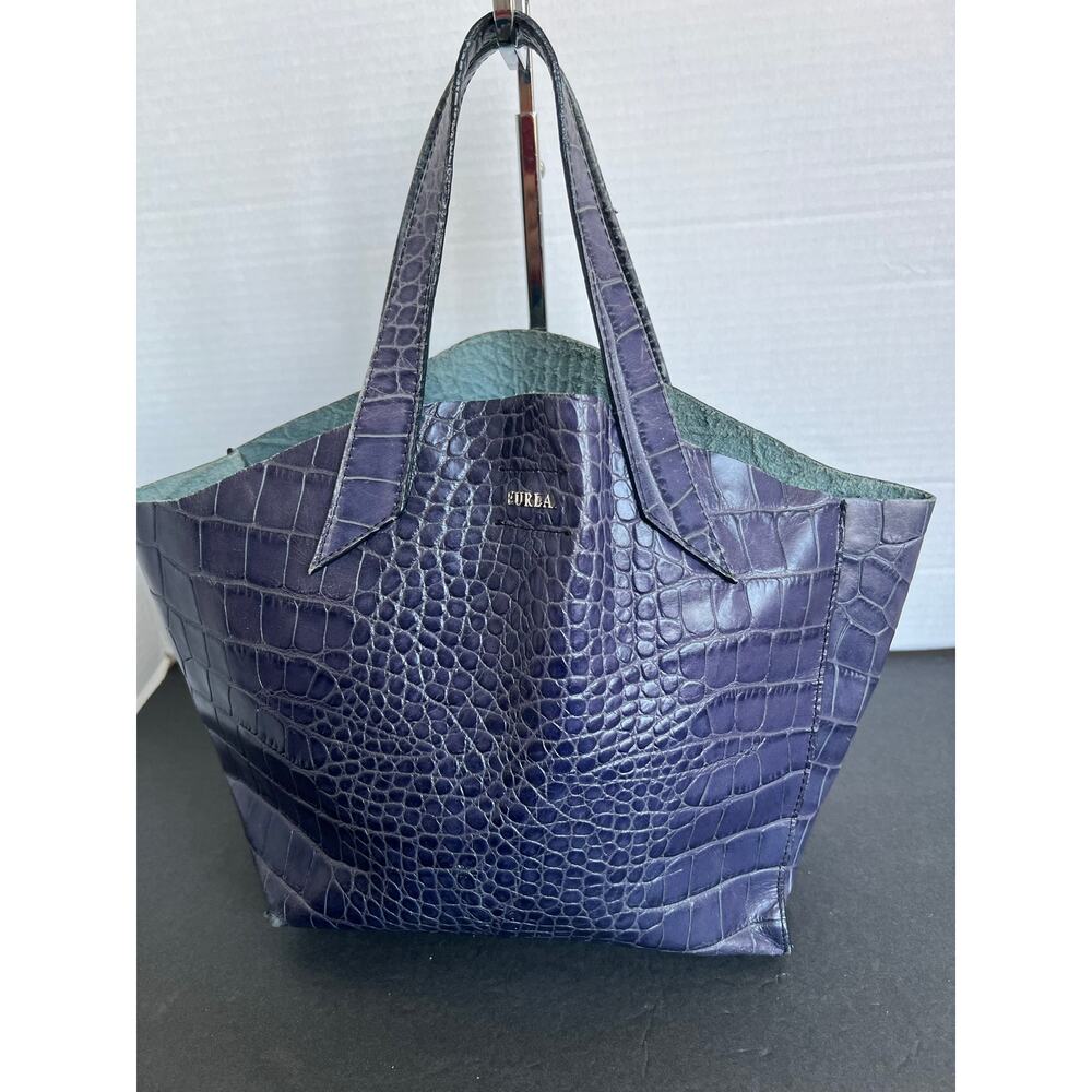 FURLA Deep Purple Blue Crocodile Embossed Leather Tote‎ Hand Bag